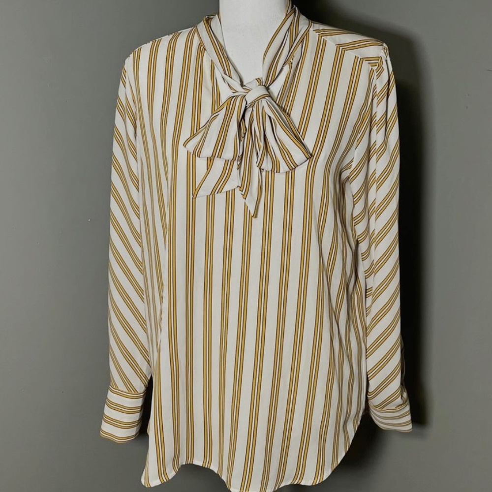 LOFT V-NECK W CREAM SHIRT W/MUSTARD STRIPES BLACK THIN STRIPE TIE NECK SLIP ON